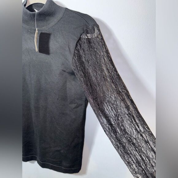 Carmen Marc Valvo Mock Turtleneck Black Women's Lace Long Sleeve Top Size S NWT - Picture 2 of 7